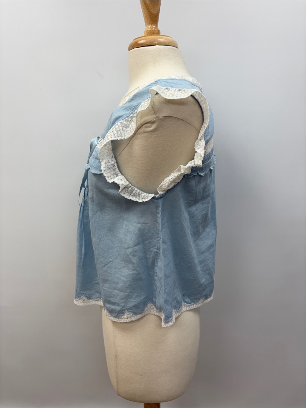 LoveShackFancy Cottage Ruffle Lace Pleated Prairie Woven Shirt Blue Medium - Picture 4 of 8